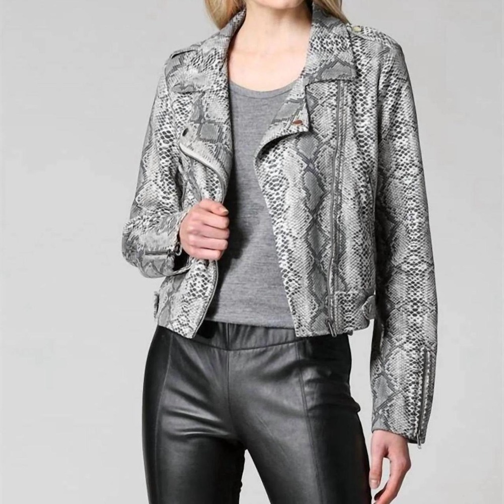 FATE Grey Snakeskin Print Moto‎ Biker Jacket Small p3